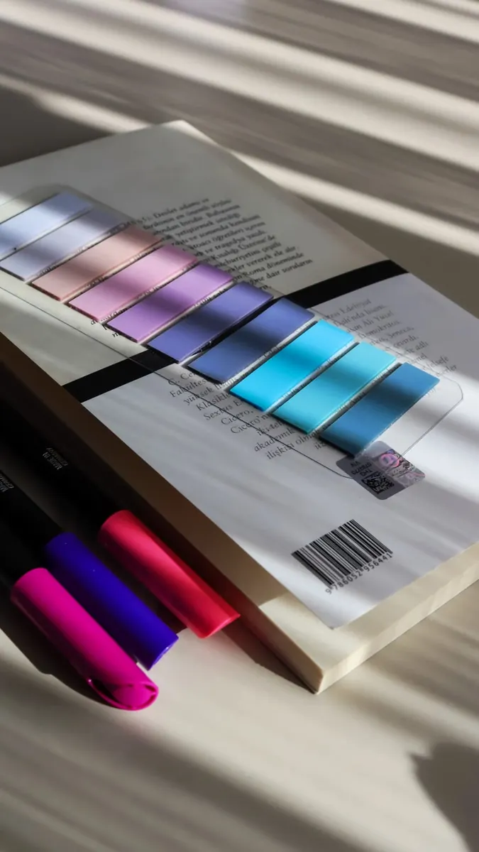 Muestras de colores y rotuladores iluminados por la luz de una persiana